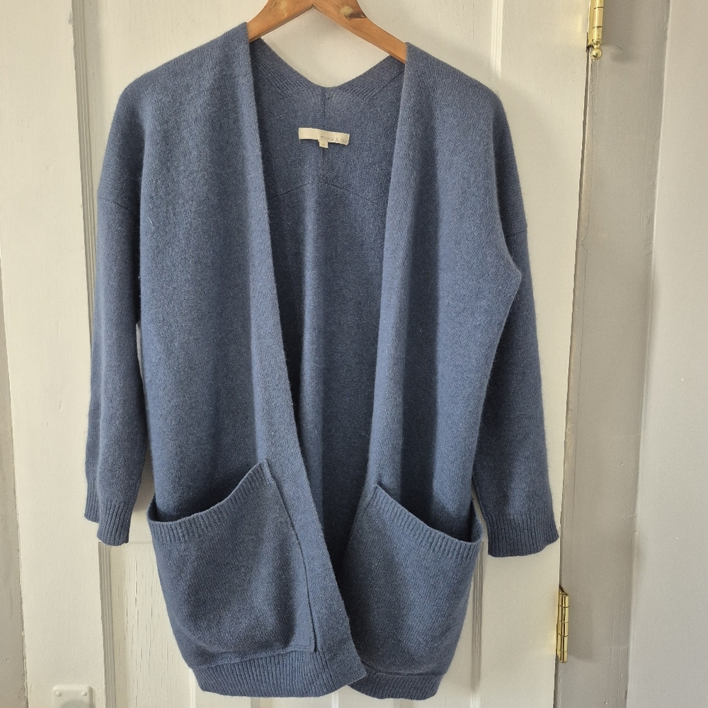 Monk & Lou Slate Blue Open Front Lambswool Angora Cardigan Sweater OversizeSz XS